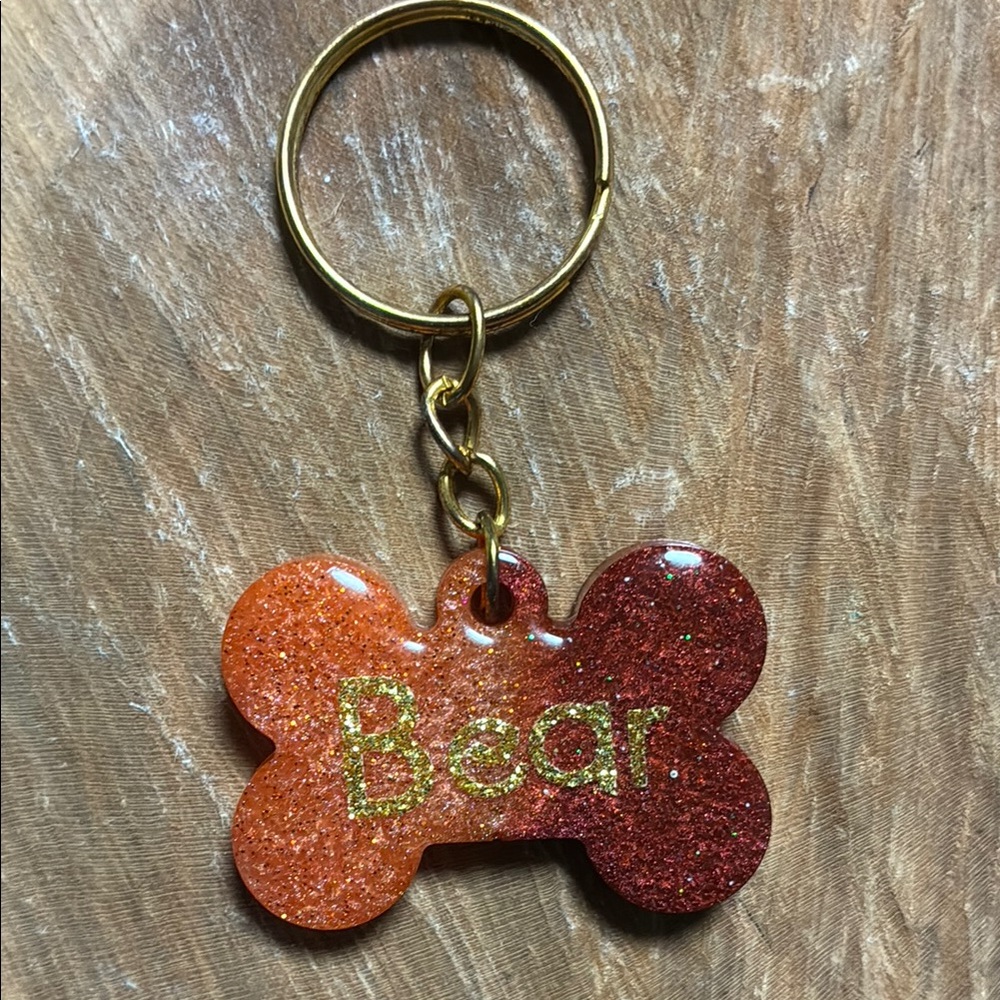 Glittery Orange and brown tag 🆔 Dog Bone Keyring